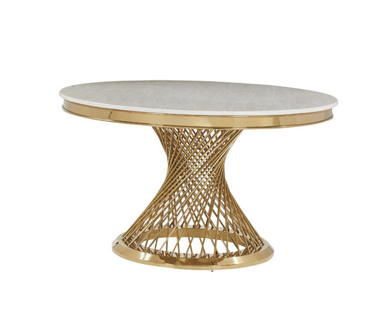 Table de salle à manger en marbre de marque HomeDeLuxe, avec surface en marbre blanc et pieds élégants en bois naturel.