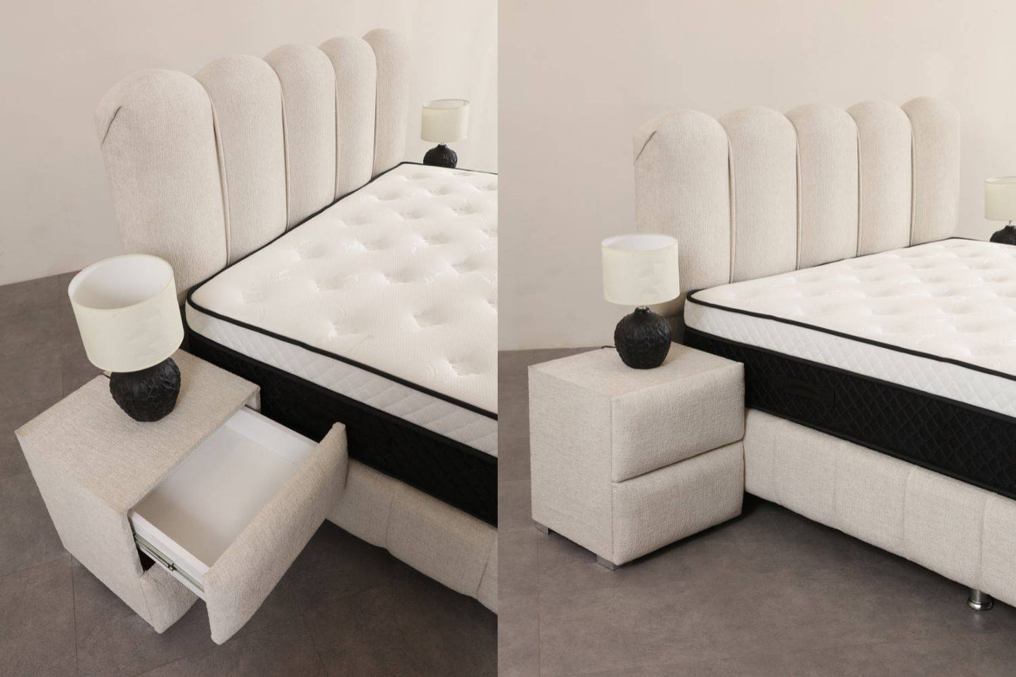 Lit coffre EVA blanc cassé en chenille de marque HomeDeLuxe, vue détaillée du tissu et du design élégant.