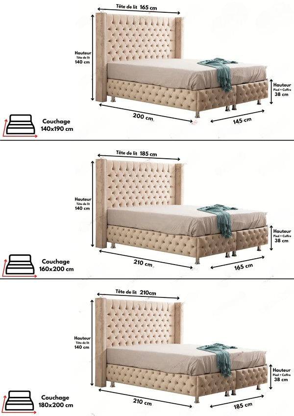 Lit coffre beige en velours capitonné de la marque HomeDeLuxe, avec tête de lit rembourrée et finition élégante.