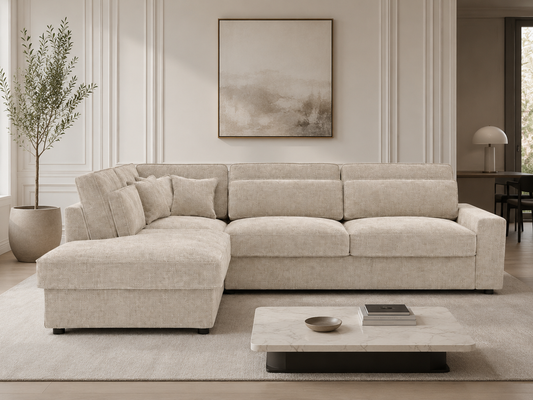 Canapé d'angle Marbella beige de la marque HomeDeLuxe, avec coussins confortables et structure élégante visible sur l'image.