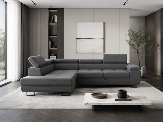 Canapé d'angle convertible beige HomeDeLuxe avec coussins et structure en bois, vue de face dans un salon moderne