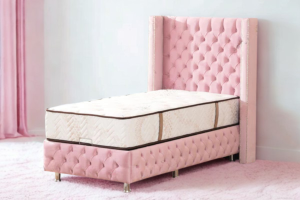 Lit Coffre Enfant CLOUTE ROSE - Velours capitonné