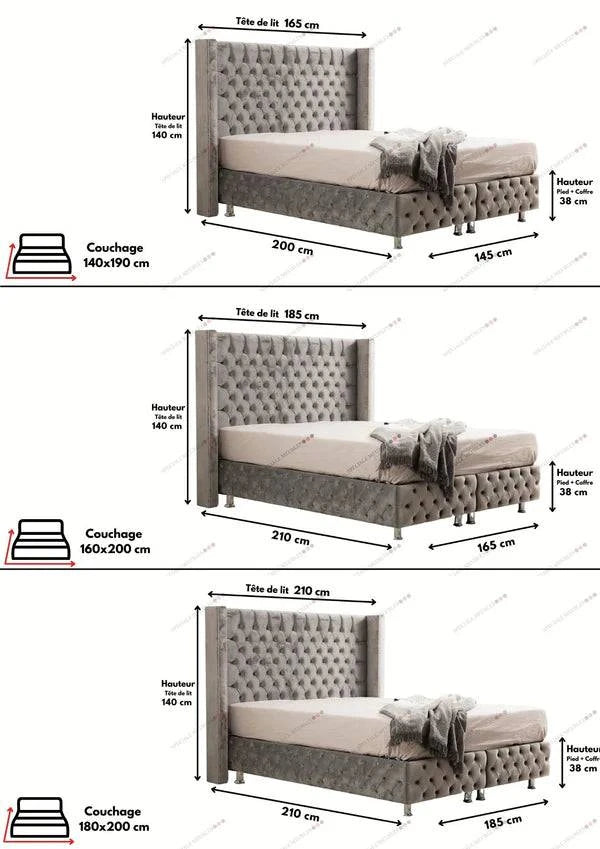 Lit coffre HomeDeLuxe Clouté gris en velours capitonné, avec design élégant et tissu doux, visible en image.