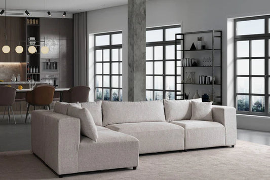 Canapé modulable Azra en chenille blanche cassée, élégant et confortable, par HomeDeLuxe, avec coussins et configuration flexible.