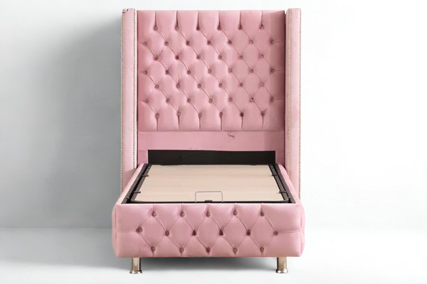 Lit Coffre Enfant CLOUTE ROSE - Velours capitonné