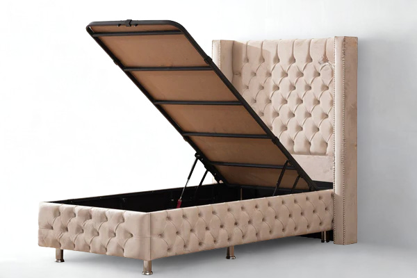 Lit Coffre Enfant CLOUTE BEIGE - Velours capitonné