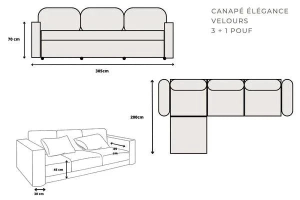 Canapé modulable Elégance Velours 3+1 avec pouf, tissu velours doux, design moderne, couleur grise, marque HomeDeLuxe.