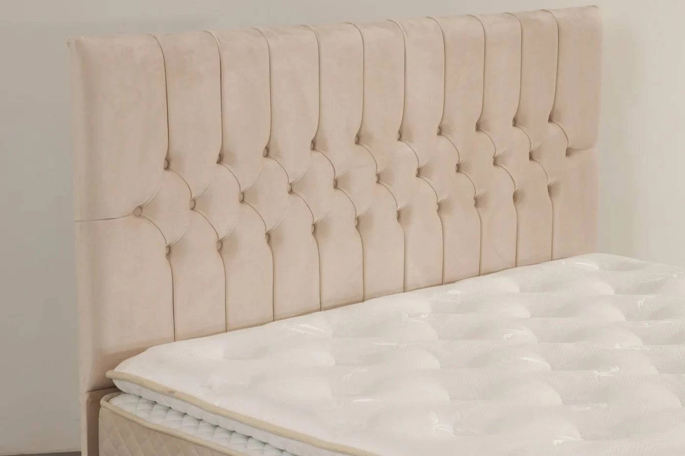 Lit coffre Hugo beige en velours, avec design élégant et espace de rangement intégré, idéal pour chambre moderne.