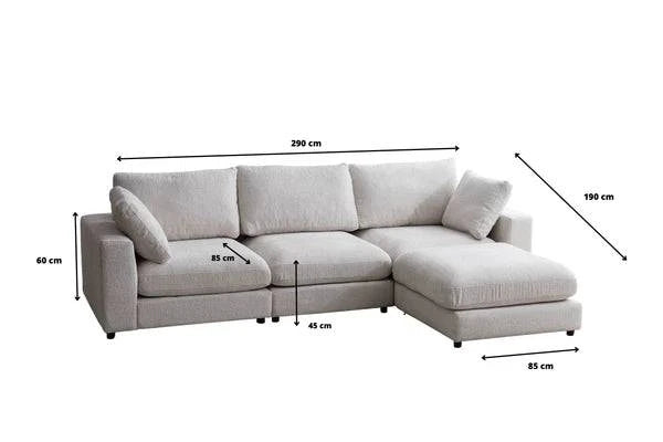 Canapé modulable Julia en chenille avec 3 places et pouf, élégant et confortable, par HomeDeLuxe, dans un intérieur moderne.