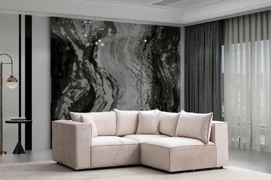 Canapé modulable Elégance Velours HomeDeLuxe 3+1 avec pouf, en tissu velours beige, design moderne et confortable.