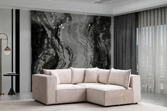 Canapé modulable Elégance Velours HomeDeLuxe 3+1 avec pouf, en tissu velours beige, design moderne et confortable.