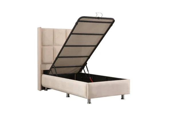 Lit coffre pour enfant RIO GRIS en velours, avec rangement intégré, conçu par HomeDeLuxe, visible avec ses détails en velours gris.