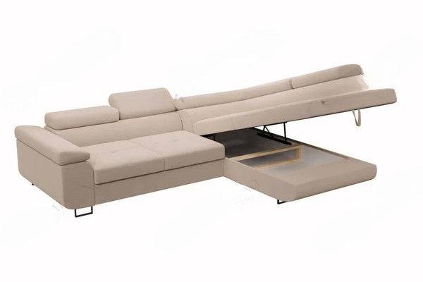 Canapé d'angle convertible Tony beige de la marque HomeDeLuxe, avec coussins et structure en bois visible.
