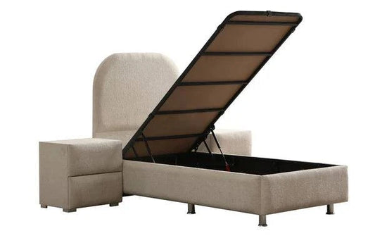 Lit coffre enfant Jade blanc cassé en chenille de 90x190, avec tissu doux et design moderne, parfait pour chambre d’enfant.