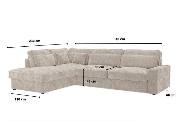 Canapé d'angle Lexus Marbella beige de HomeDeLuxe, avec coussins et structure en bois visible dans un salon moderne.