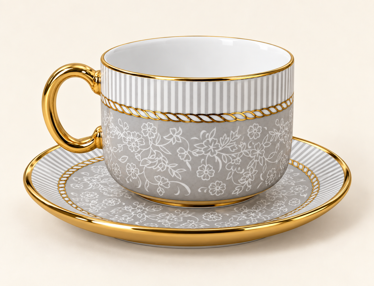 Six tasses & sous tasses gris doré