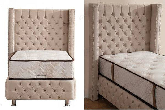 Lit enfant coffre Clouté beige en velours capitonné, avec rangement intégré, design élégant et confortable pour la chambre de l'enfant.