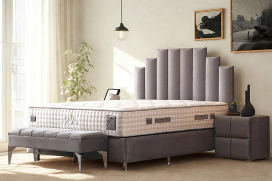 Lit coffre Natura gris en velours de style moderne, avec rangement intégré, par HomeDeLuxe.