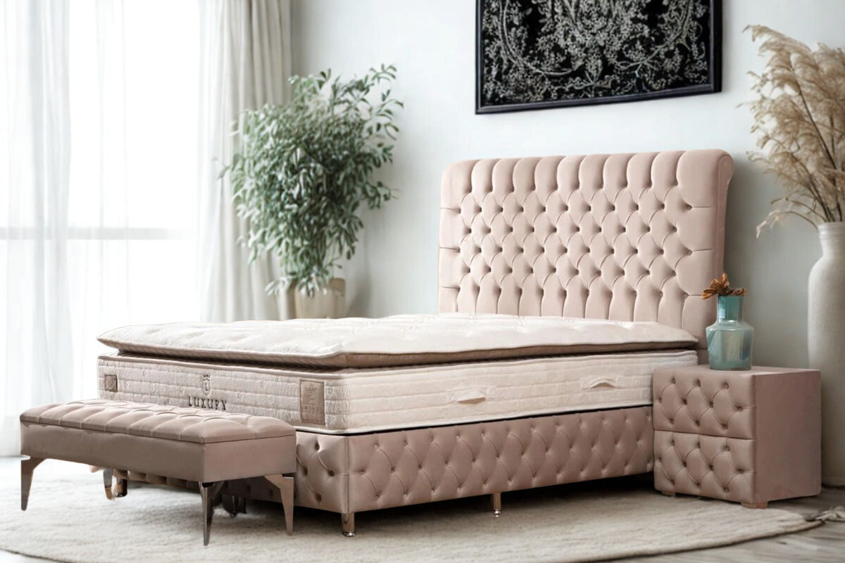 Lit Coffre LUNA BEIGE - Velours capitonné