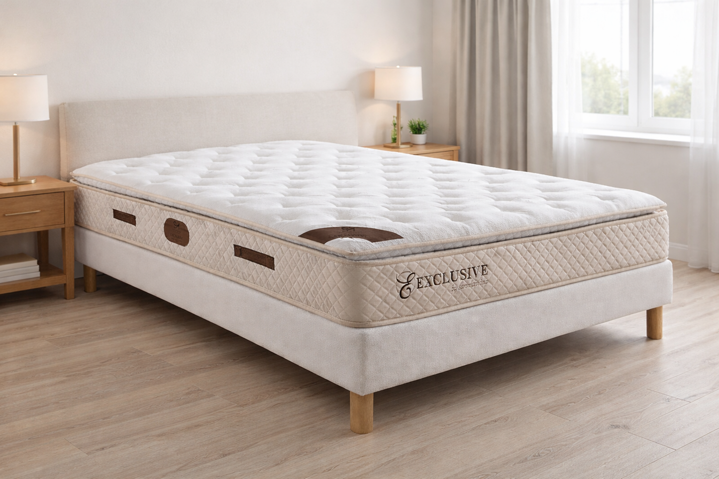 Matelas HomeDeLuxe Ressorts beige de 32 cm avec surmatelas intégré, vue en image.