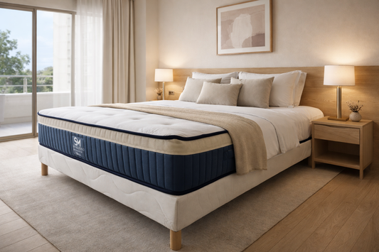 Matelas HomeDeLuxe Hilton en mousse de 25 cm d'épaisseur, vue en gros plan avec housse blanche et design moderne.