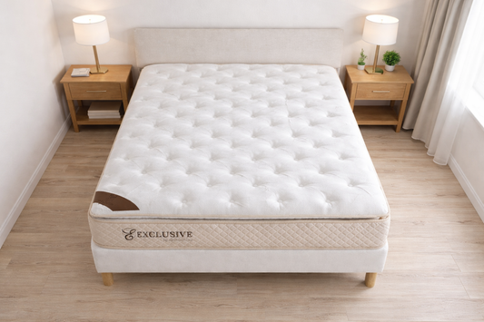 Matelas HomeDeLuxe Ressorts beige de 32 cm avec surmatelas intégré, vue en gros plan montrant la texture du tissu et la finition.