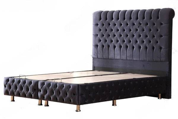 Lit coffre LUNA gris anthracite en velours capitonné de HomeDeLuxe, avec coussins décoratifs dans une chambre élégante.