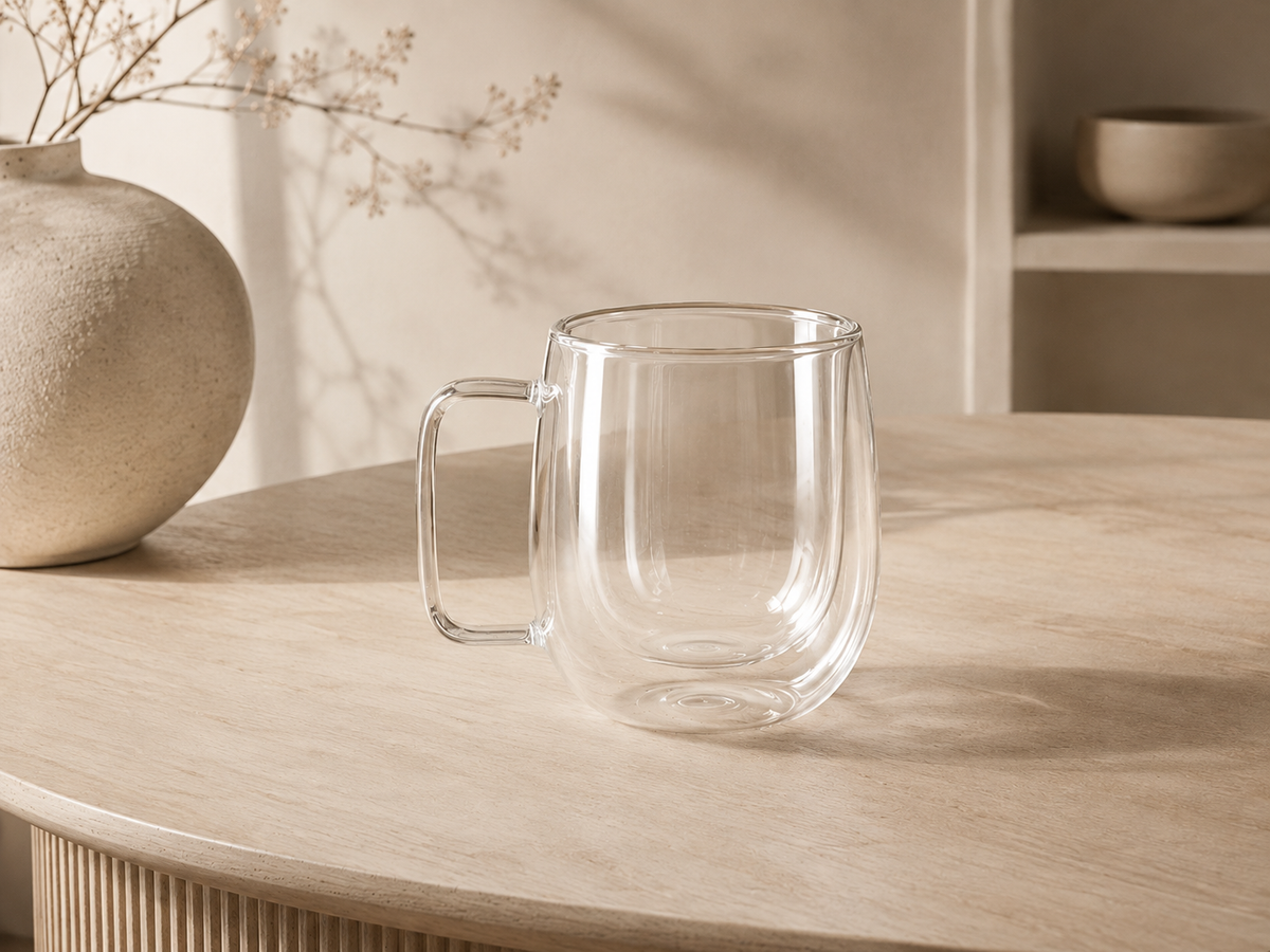Verres à double paroi HomeDeLuxe, ensemble de deux verres en verre transparent avec isolation thermique visible.