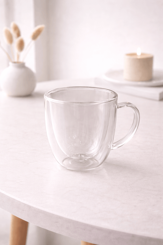 Duo de verres à vin en verre transparent de marque HomeDeLuxe, posé sur une table avec ambiance élégante.