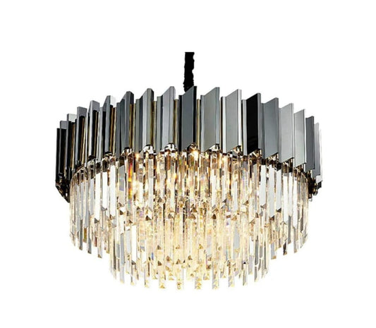 Lustre design en verre de la marque HomeDeLuxe avec un style moderne et élégant, suspendu avec plusieurs verres translucides.