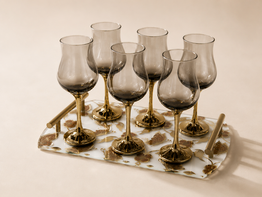 6 verres à pied et plateau papillon