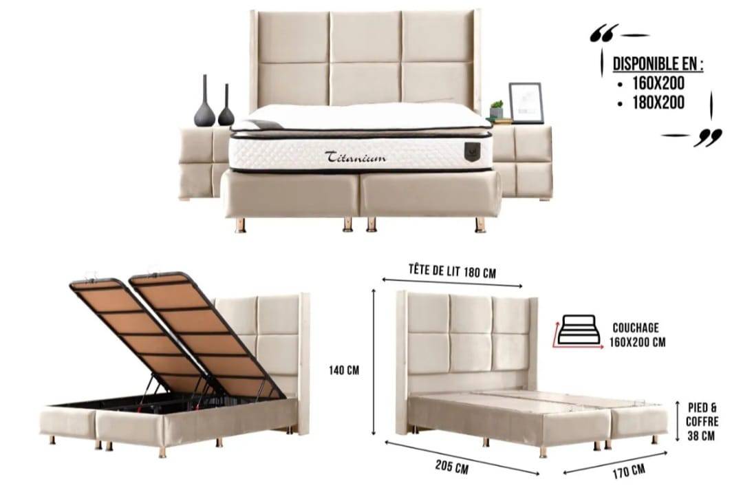 Lit coffre RIO beige en velours de HomeDeLuxe, vue de face avec coussins décoratifs et cadre en bois élégant.