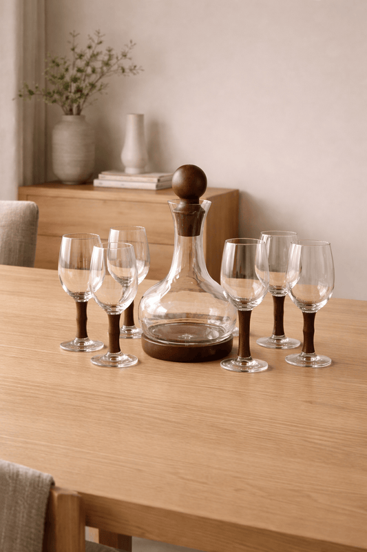 Carafes et verres en bois élégants de la marque HomeDeLuxe, parfaits pour servir boissons avec style.