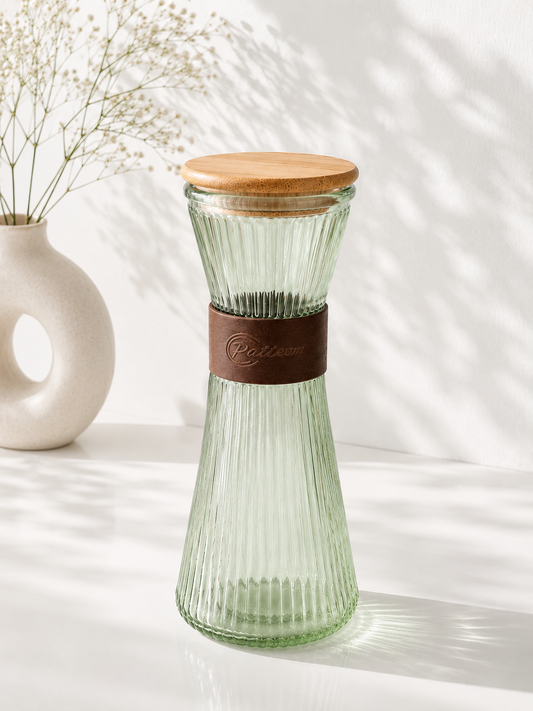 Carafe verte en verre de marque HomeDeLuxe, contenant probablement de l'eau ou une boisson, vue de face.