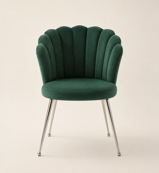 Chaise coquille verte sapin de marque HomeDeLuxe avec design moderne et assise confortable en tissu.