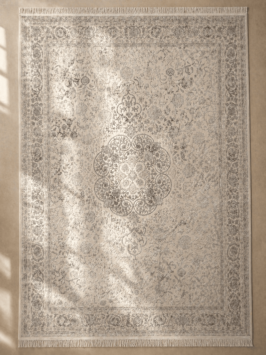 Tapis Royal aux motifs arabesques gris et détails ornés - Home de Luxe France