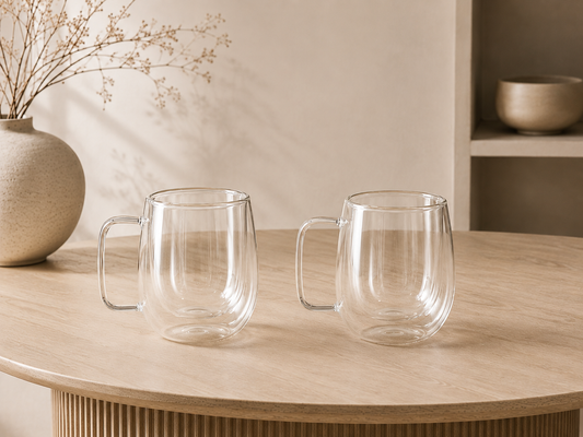 Verres double paroi HomeDeLuxe pour boissons chaudes ou froides, en verre transparent avec isolation thermique.