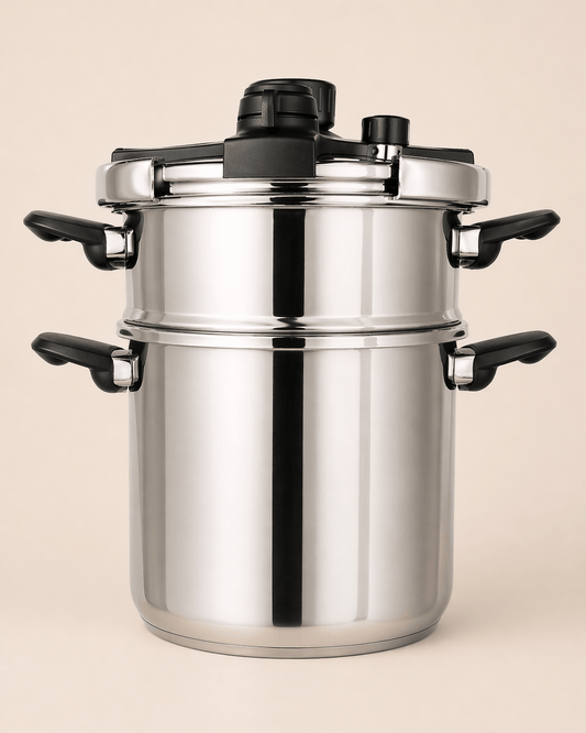 Cocotte minute HomeDeLuxe en acier inoxydable avec poignée, vue de dessus dans une cuisine moderne