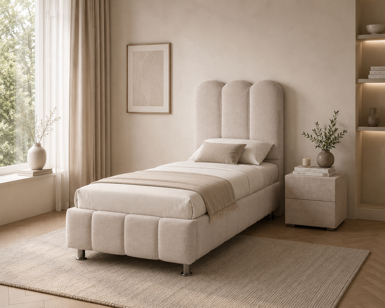 Lit coffre pour enfant EVA blanc cassé avec finition en chenille, pratique et confortable, de la marque HomeDeLuxe.