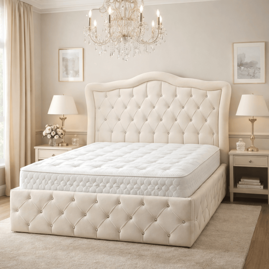 Cadre de lit VENISE GRIS en velours capitonné avec strass, design élégant et moderne pour chambre à coucher.