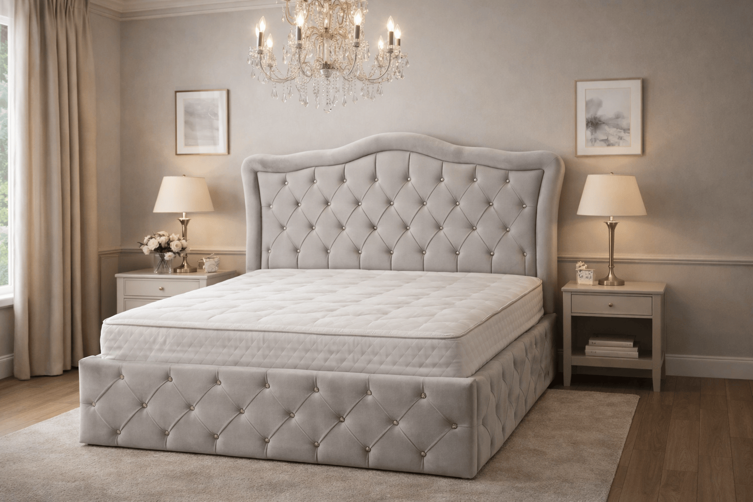 Cadre de lit VENISE GRIS en velours capitonné avec strass, design élégant et moderne, pour une chambre sophistiquée.