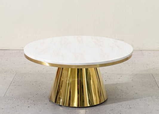 Table basse en marbre blanc de HomeDeLuxe avec plateau rectangulaire et pieds en métal noir, style moderne et élégant.