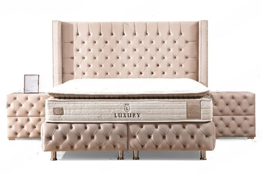 Lit Coffre CLOUTE BEIGE - Velours capitonné