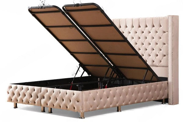 Lit Coffre CLOUTE BEIGE - Velours capitonné