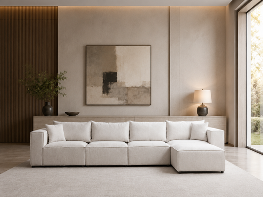 Canapé modulable HomeDeLuxe en chenille blanc cassé avec 4 places et un pouf, style élégant et confortable.