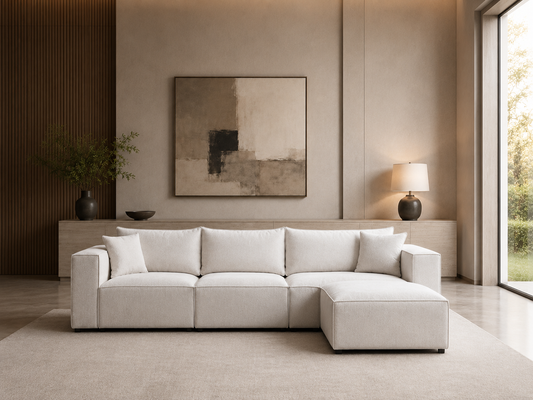 Canapé modulable HomeDeLuxe en chenille blanc cassé avec 3 places et pouf, design élégant et confortable.