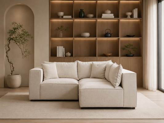 Canapé modulable HomeDeLuxe Elégance en chenille blanc cassé avec 3 places et pouf, design moderne et confortable.