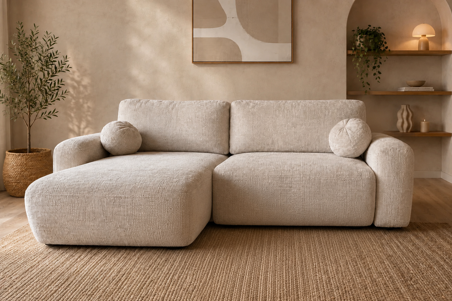 Canapé d'angle convertible réversible HomeDeLuxe Betis avec revêtement en tissu gris et coussins décoratifs.