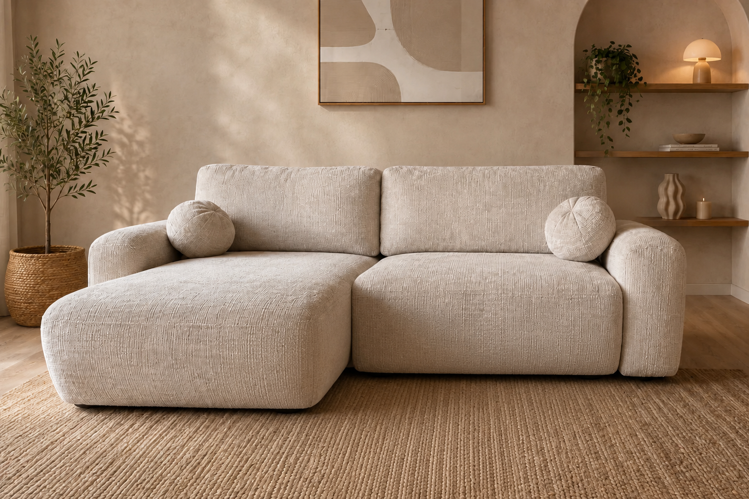 Canapé d'angle convertible réversible HomeDeLuxe Betis avec revêtement en tissu gris et coussins décoratifs.