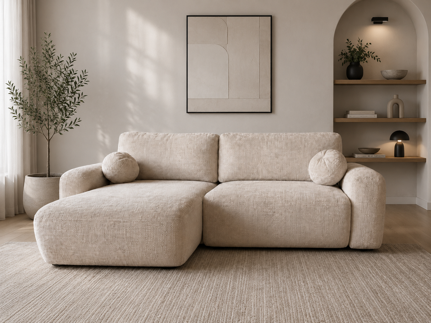 Canapé d'angle convertible réversible HomeDeLuxe Betis avec tissu gris clair, coussins moelleux et structure en bois solide.